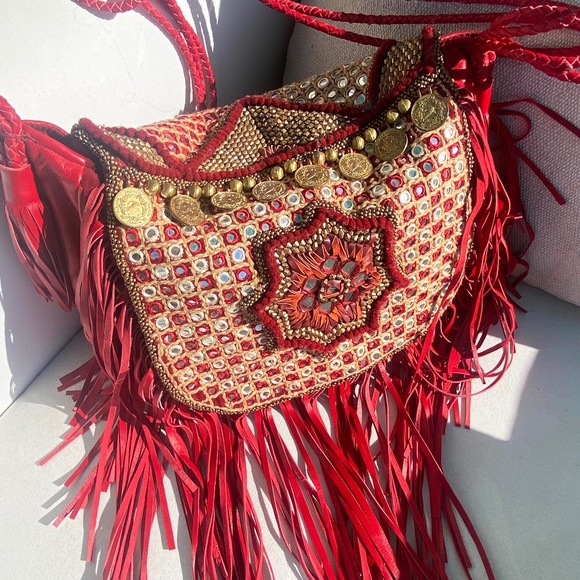 New NWOT Red Mogara Purse Bag Leather Beaded Fringe! - Picture 1 of 11